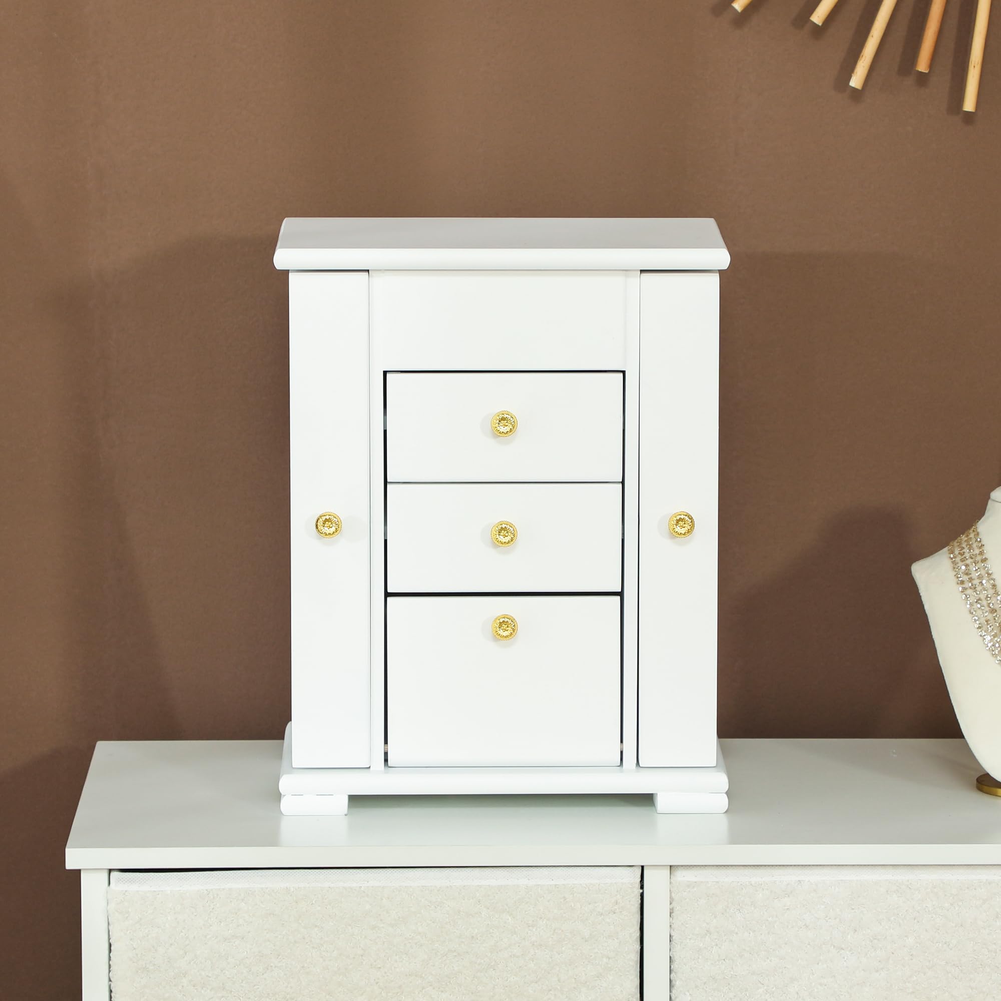HOMCOM Caja Joyero de Madera de 4 Niveles con 2 Cajones Espejo Blanco | Joyero Mujer Organizador Grande, Puertas Laterales Giratorias con Ganchos, para Pendientes, Anillos, Collares