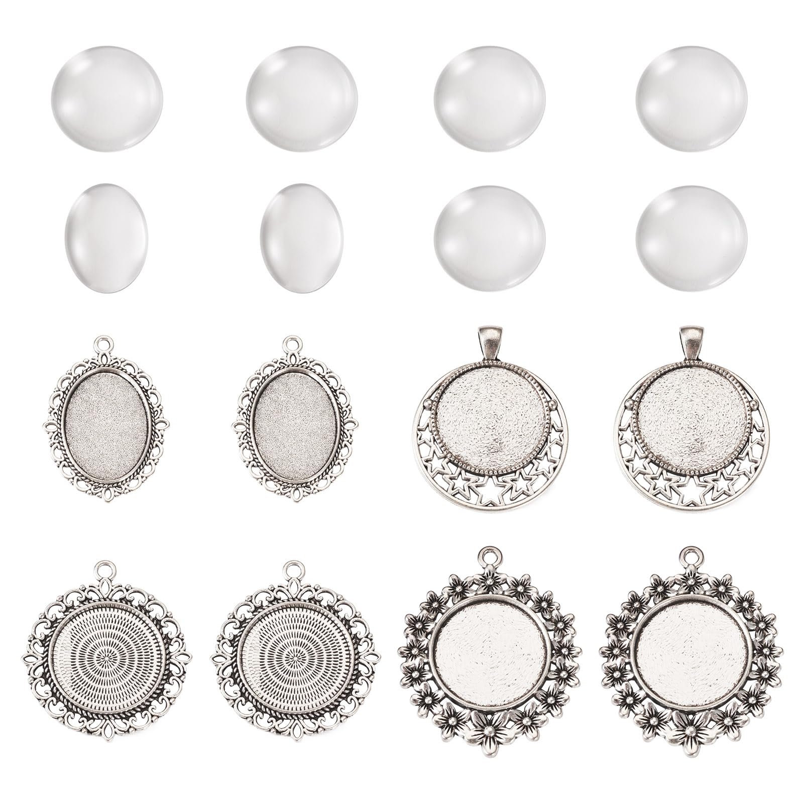 PandaHall 8pcs Blank Bezel Pendants Trays with 8pcs Glass Dome Cabochons Oval Cabochon Settings for Scrapbooking Cameo Photo Jewelry Making