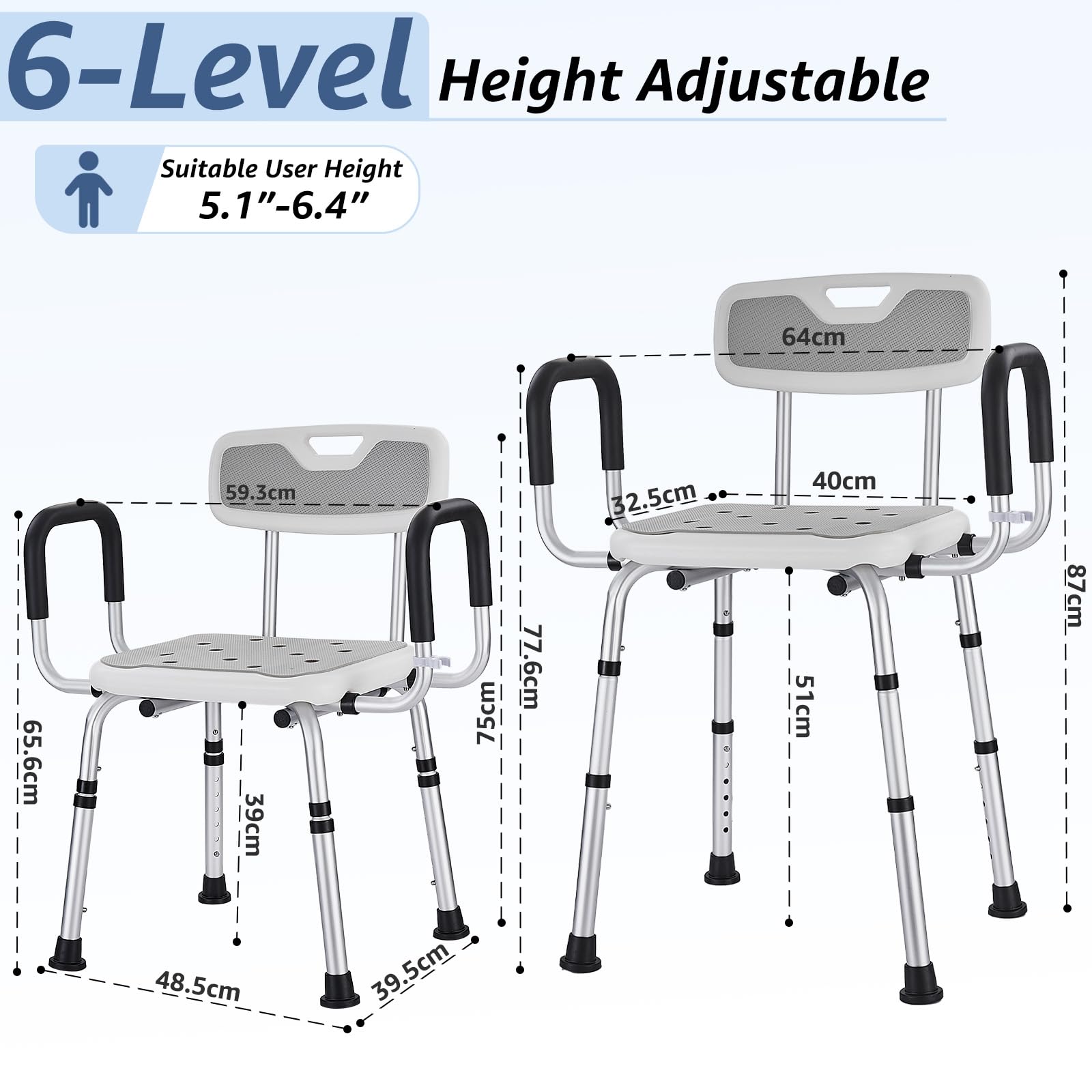 Silla de ducha para ancianos, taburete de ducha resistente con 2 ajustes de brazos extra anchos y respaldo, asiento de ducha bariátrico de seguridad antideslizante de 330 libras, altura