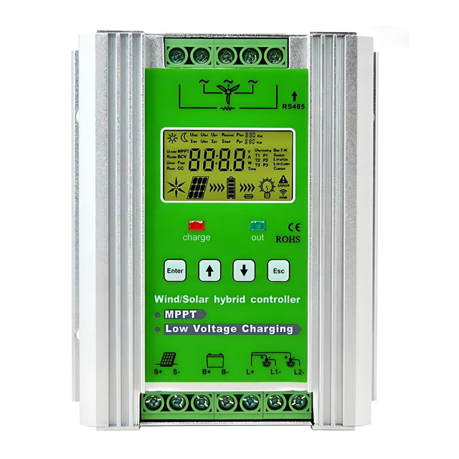 off Grid Mppt Wind Solar Hybrid Controller,Regolatore Carica Ibrido Solare Eolico App WiFi Mobile,umidità 10%~90% (Senza Condensa),Classe Protezione Ip30,per Eolico Pannelli 6000W