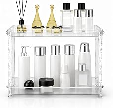 KiZY 2-Tier Luxury Standing Rack | Bathroom Countertop Organizer | Vanity Tray | Cosmetic- Makeup Storage | Kitchen Spice Rack | Microfiber Clothe Free. (1, Clear)
