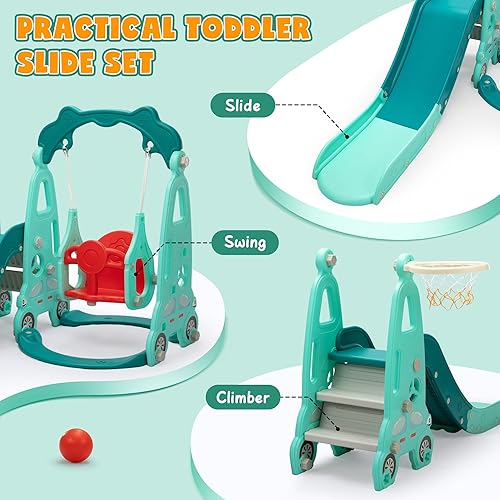 Miniatura 3 de Juego de columpios 4 en 1 para escalar tobogán independiente para niños pequeños con aro de baloncesto, patio de juegos para niños pequeños en
