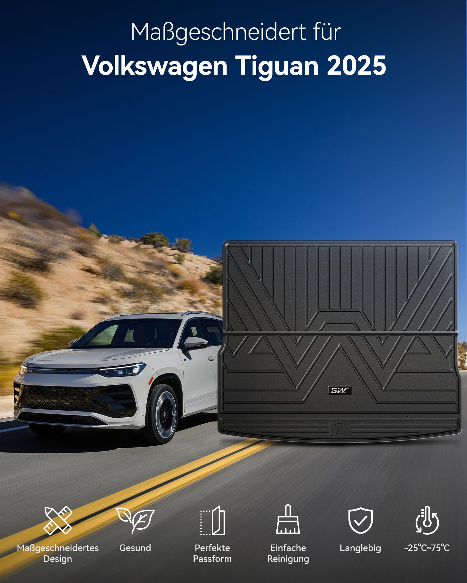 3W Kofferraumwanne für Volkswagen Tiguan 3 2025-2026 | Nicht für PHEV | TPE Thorex™ Allwetter | 3D Maßgeschneiderte Passform | Hundefreundlich Auto Zubehör | Wasserdicht