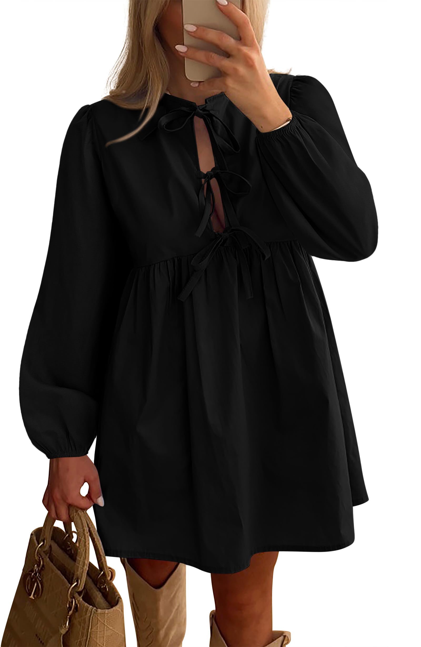 BTFBM Women's Casual Short Dress 2026 Bow Tie Front Puff Long Sleeve Button A Line Cute Y2K Going Out Dresses Pockets