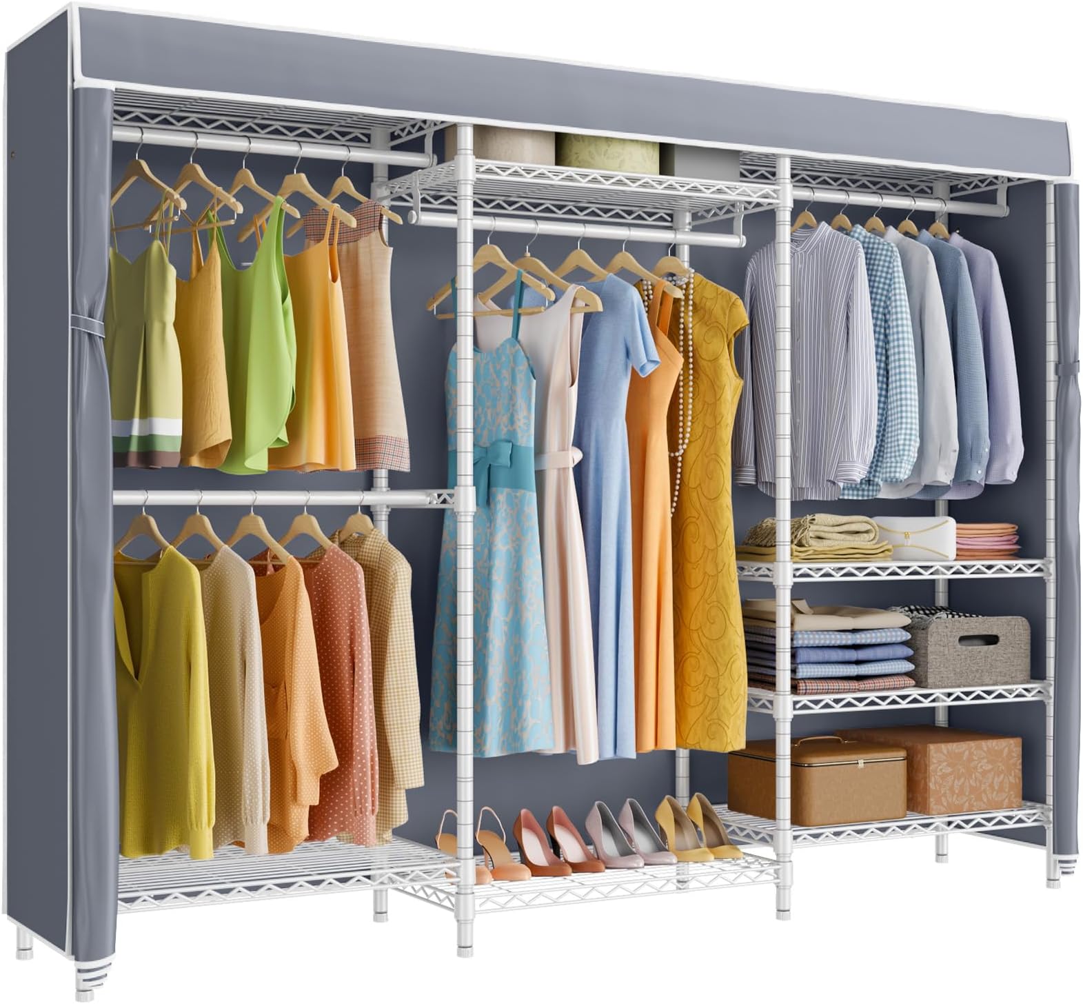 VIPEK V5C Plus Covered Clothes Rack Portable Wardrobe Closet with Cover, Heavy Duty Freestanding Closet Rack for Hanging Clothes, White Metal Clothing Rack with Grey Cover, Max Load 1040LBS