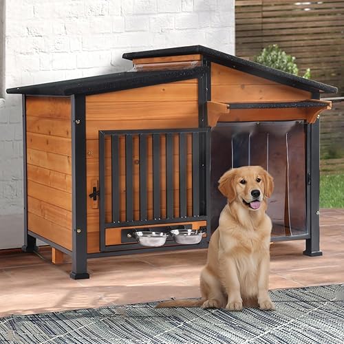 Chew-Resistant Dog House with Metal Frame, Wooden Kennel for Indoor & Outdoor Use, Waterproof Roof & Feeding Bowls Included (Wood, L)