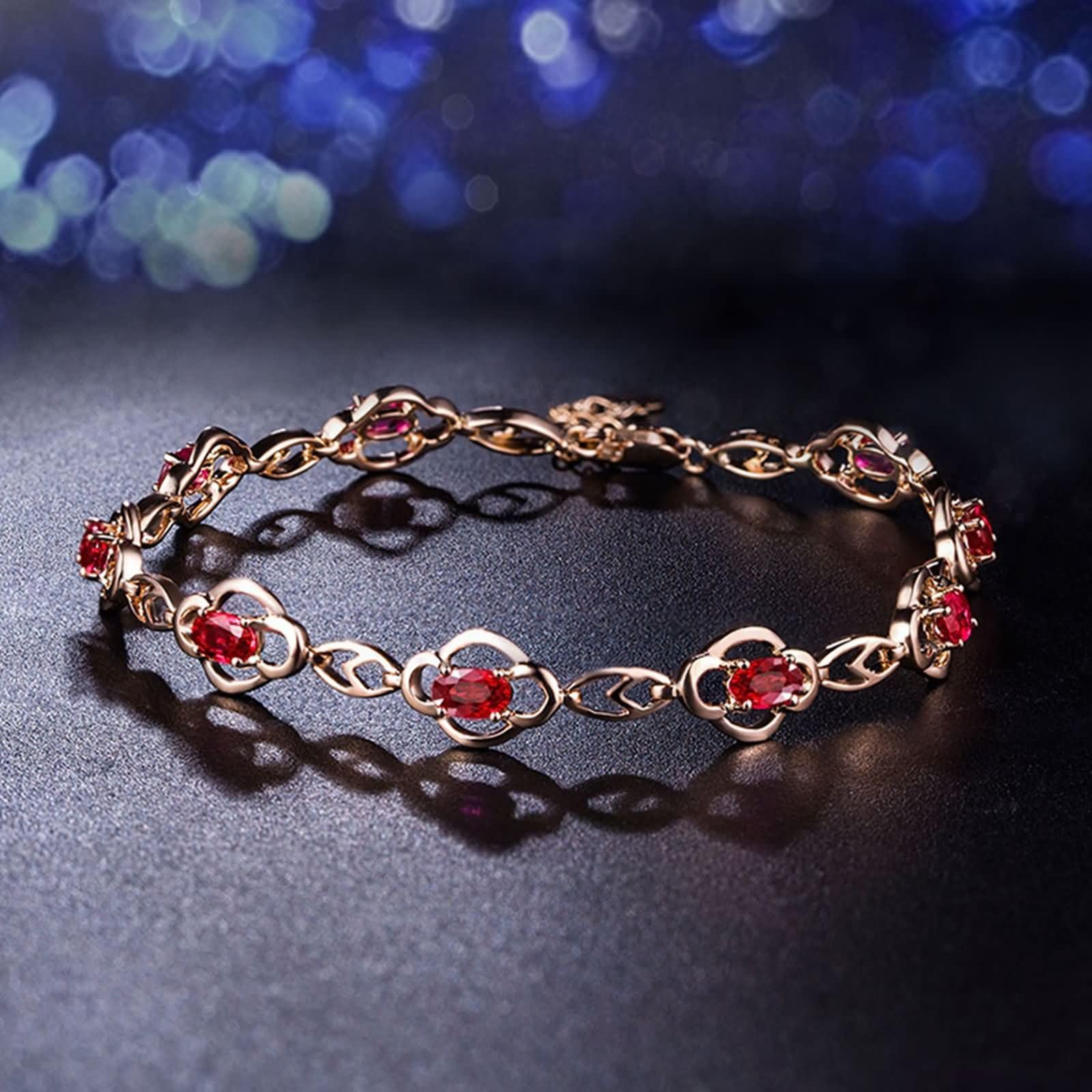 Pulseras de Mujer de Oro Rosa de 9 Kilates / 14 Kilates / 18 Kilates, Hueco y Oval con Rubí y Diamante, Cadena Extensible 16 CM + 5 CM, Pulseras de Mujer Ajustable de Oro Rosa