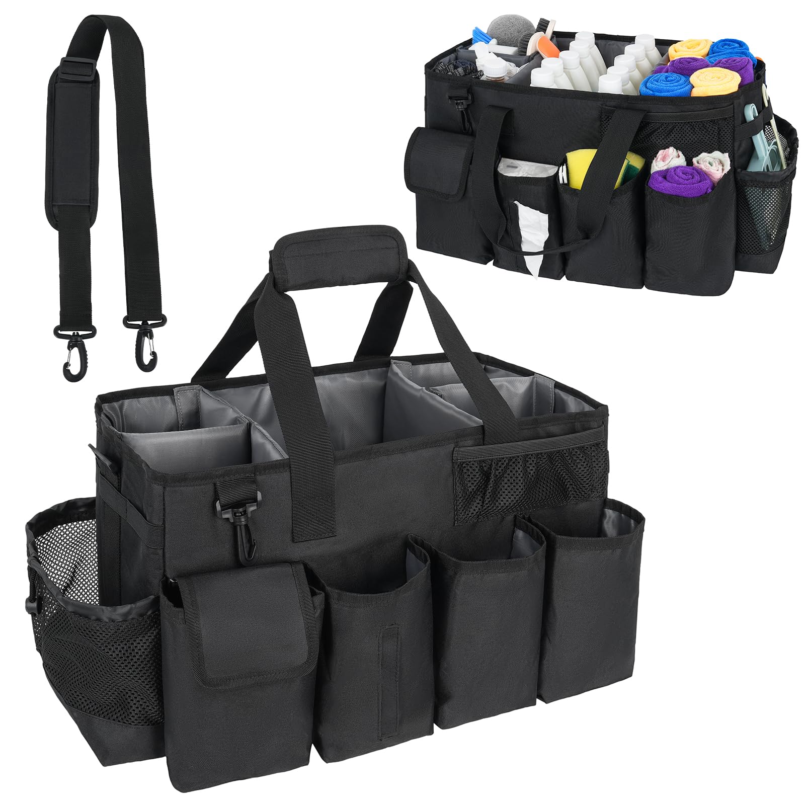 Cleaning Caddy Bag,Extra Large Cleaning Supplies Organizer with Handle for Housekeepers,Black
