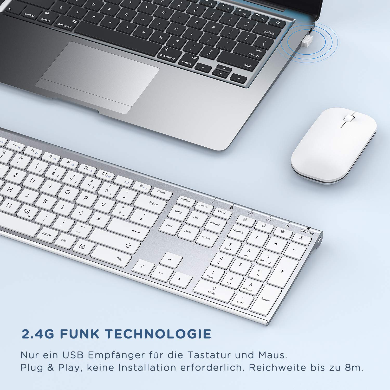 seenda Kabelloses Tastatur Maus Set, 2.4G Ultraflach Wireless Tastatur und Maus Aufladbar aus Aluminium, Deutsch QWERTZ, Weiß Silber