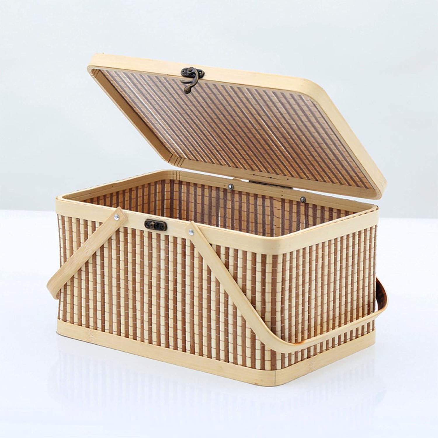 Bamboo Picnic Basket with Lid and Handle Sturdy Woven Body