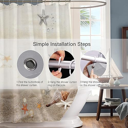 Miniatura 3 de Decoreagy Juego de cortinas de ducha de playa, cortinas de baño con diseño de conchas de mar, tela impermeable con 12 ganchos, 72 x 72 pulgadas