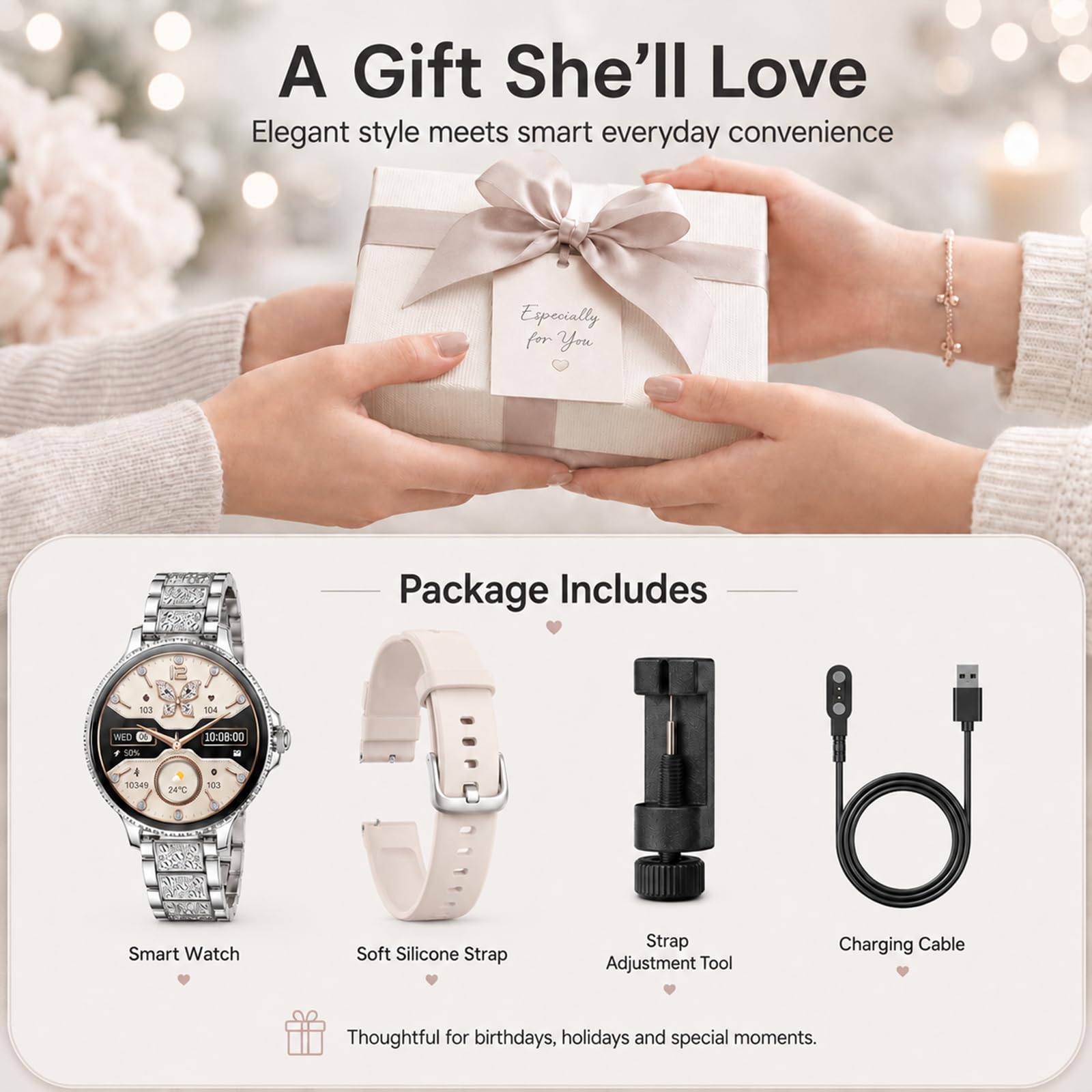 Montre Connectée Femme Ronde avec Appel Bluetooth, 1,27" Smartwatch Femme avec Bracelet en Acier avec Strass, SpO2 Fréquence Cardiaque Sommeil, 120+ Modes Sport, Étanche IP68 pour Android iOS, Argent