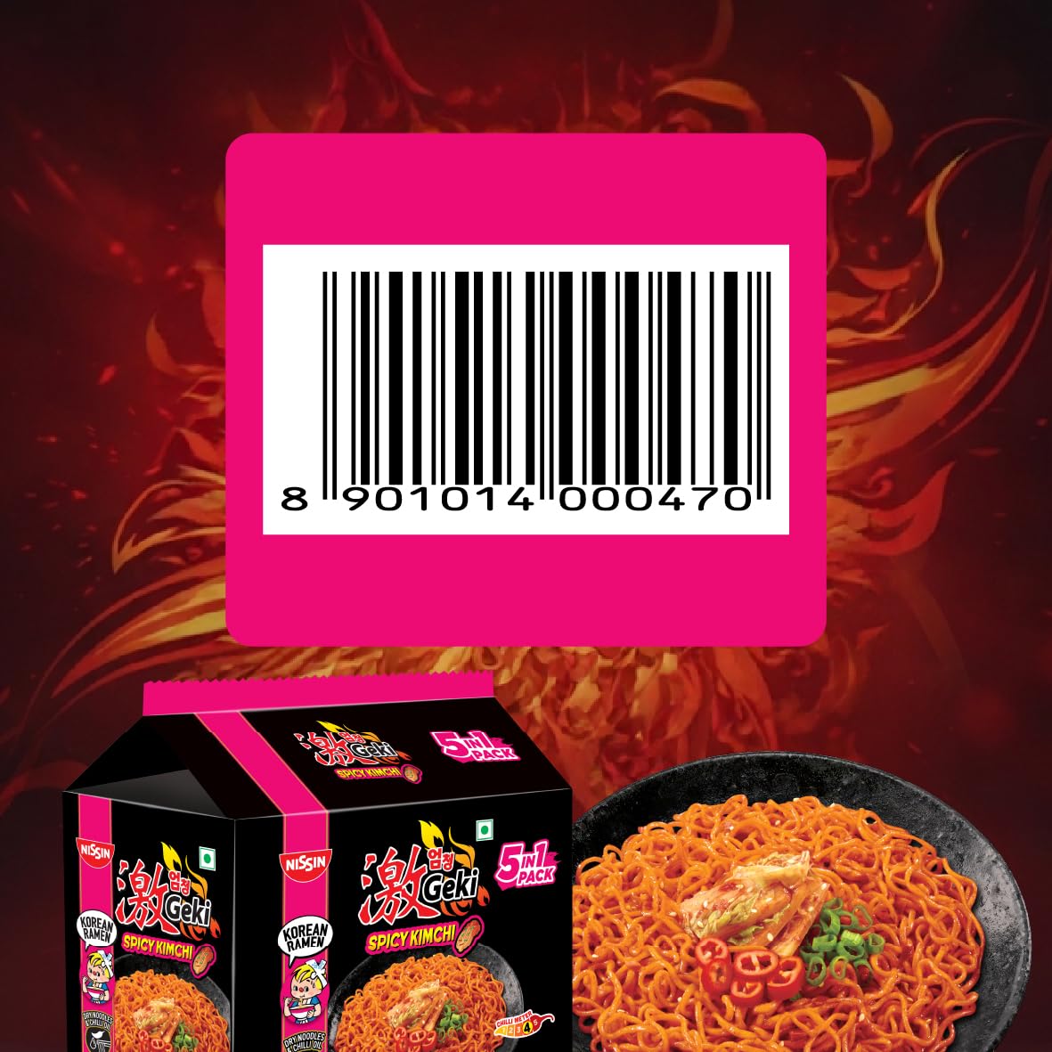 Nissin Geki Korean Ramen Spicy Kimchi Instant Noodles 5 in1, 400gm 4