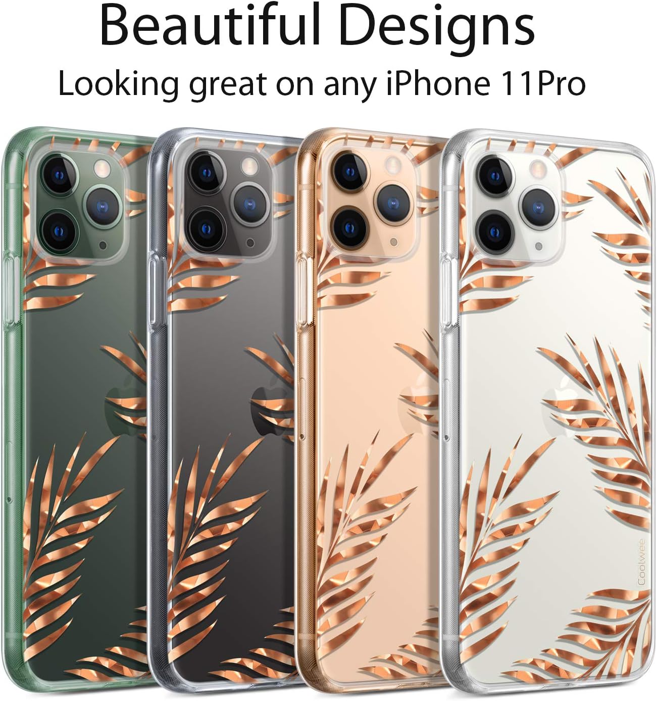 Coolwee Rose Gold Tropical Protective Compatible with iPhone 11 Pro [Anti Yellow] Slim Foil Clear Design Women Girls Men Hard Back Case Soft TPU Bumper Cover for Apple iPhone 11 Pro 5.8 inch