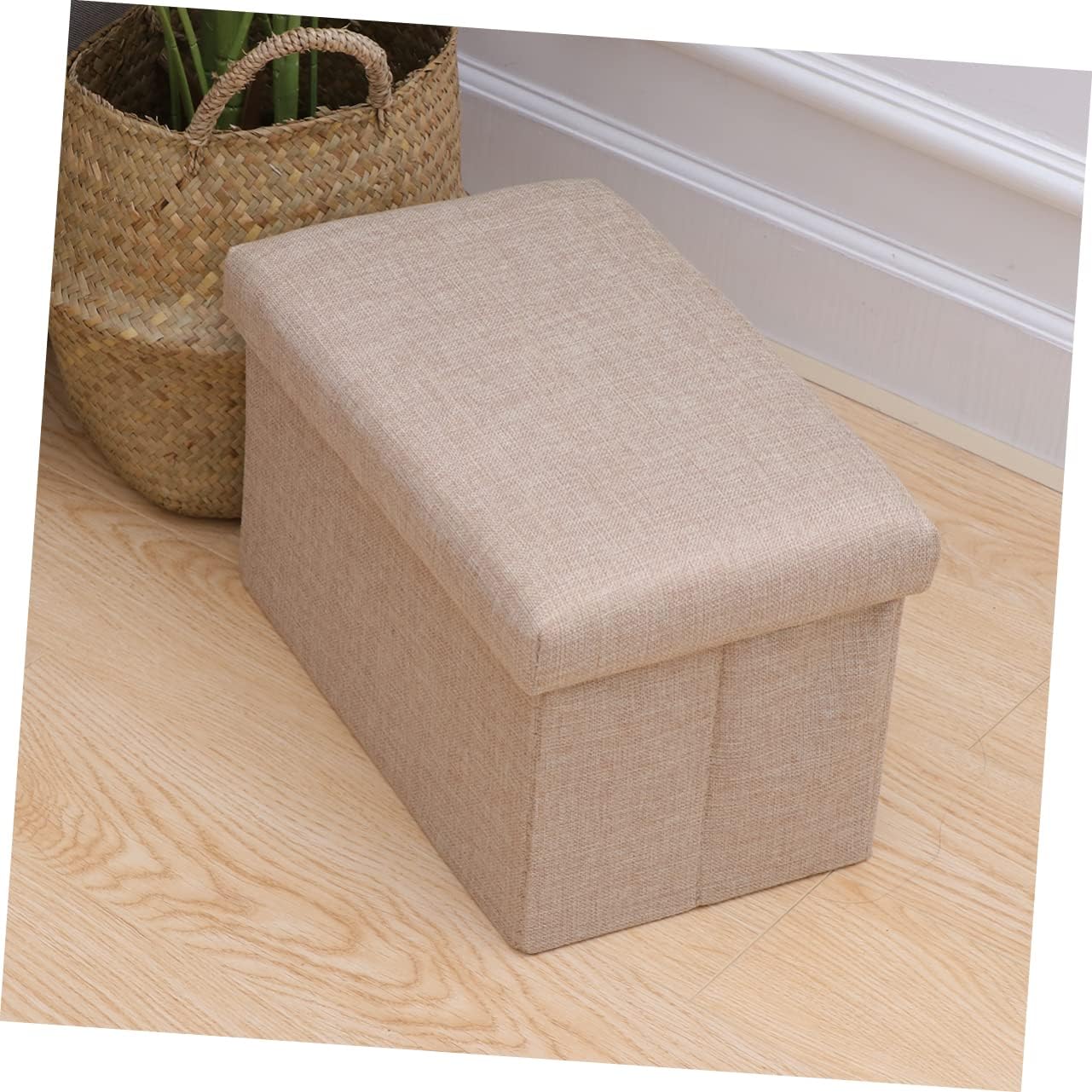 Alipis Foldable Storage Box for Toys and Essentials Linen Fabric Bench Compact Foot Rest for Bedroom and Living Room Beige
