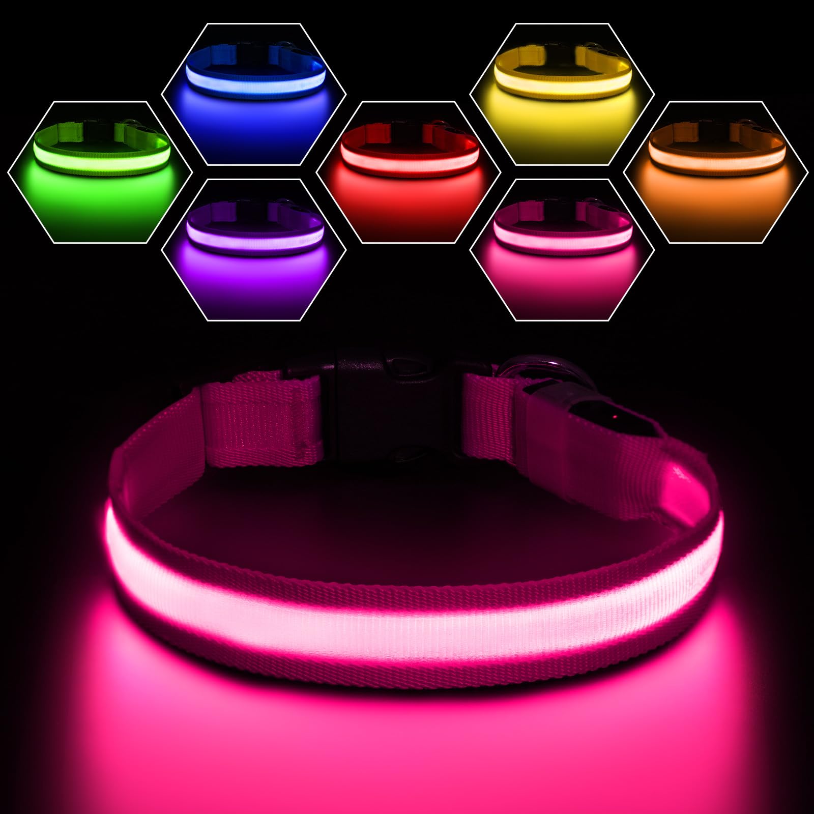 PcEoTllar Rechargeable Dog Collar Light, Pink M | Waterproof LED Collar with 7 Adjustable Colors for Small, Medium and Large Dogs Global Recycled Standard Global Recycled Standard Global Recycled Standard