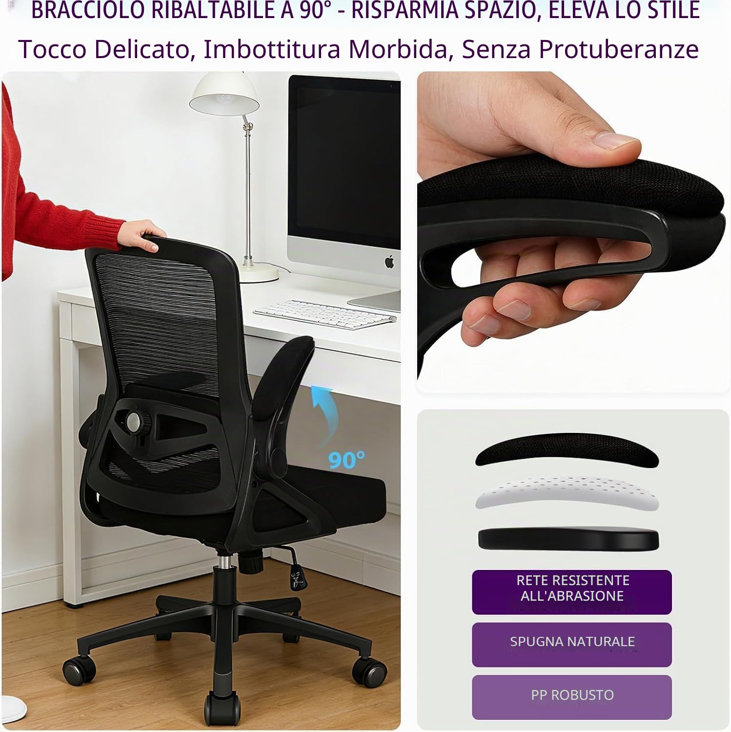 Sedia da Ufficio Ergonomica, Sedia Smart Working con Supporto Lombare Regolabile 4D, Sedia Ufficio in Rete Traspirante con Braccioli Regolabili, Schienale Reclinabile 125°, Ruote Silenziose (Nero)