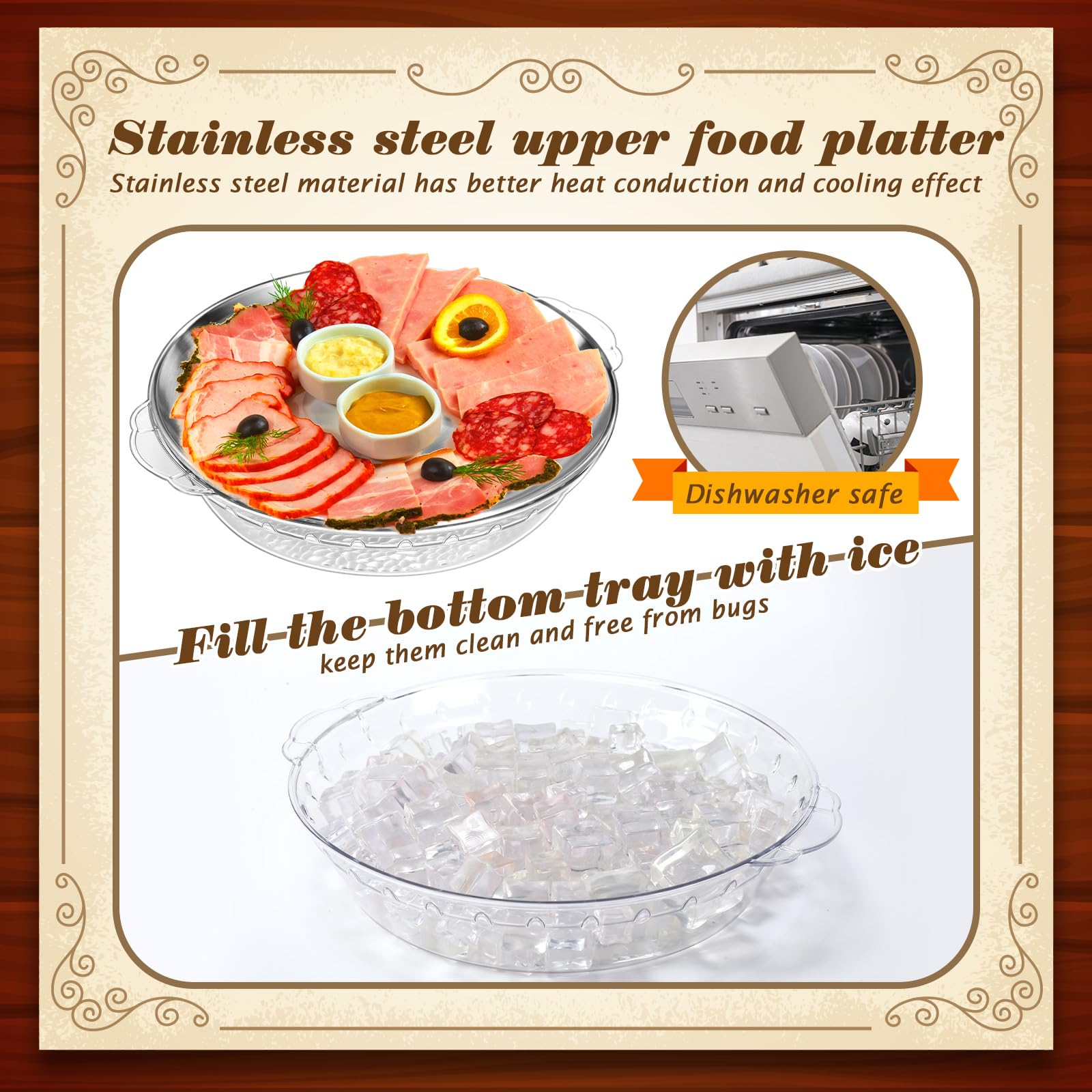 Baderke Bandeja de servir fría de 11.8 pulgadas para fiestas con compartimentos, plato de fiesta enfriado con hielo, tabla de servir charcutería, plato frío para frutas, mariscos, verduras, aperitivos
