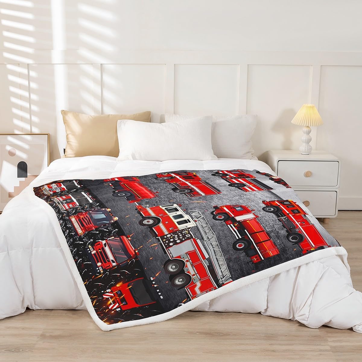 Manfei Firefighting Truck Throw Blanket Red Fire Truck Fleece Blanket for Couch Sofa Emergency Rescue Vehicle Bed Blanket for Kids Boys Teens Cartoon Car Flannel Blanket, Throw Size (50 x 60 Inches)