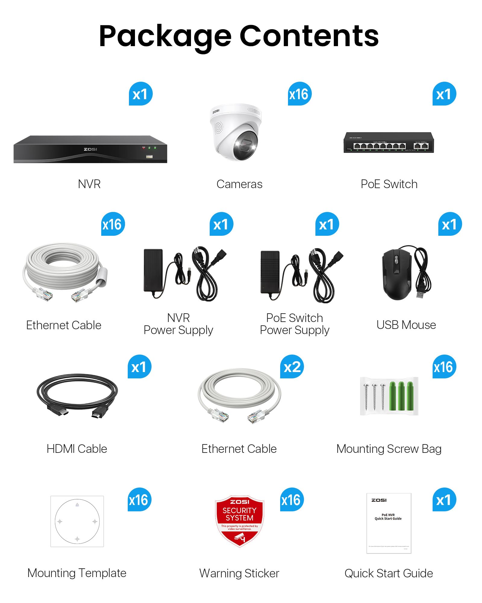 ZOSI 4K 8MP Kit Telecamere di Sorveglianza per Esterni con Switch di Rete a 8 Porte, 16 Telecamere PoE e NVR a 16 Canali da 4 TB, Riconoscimento di Persone/Veicoli tramite AI, Audio Bidirezionale