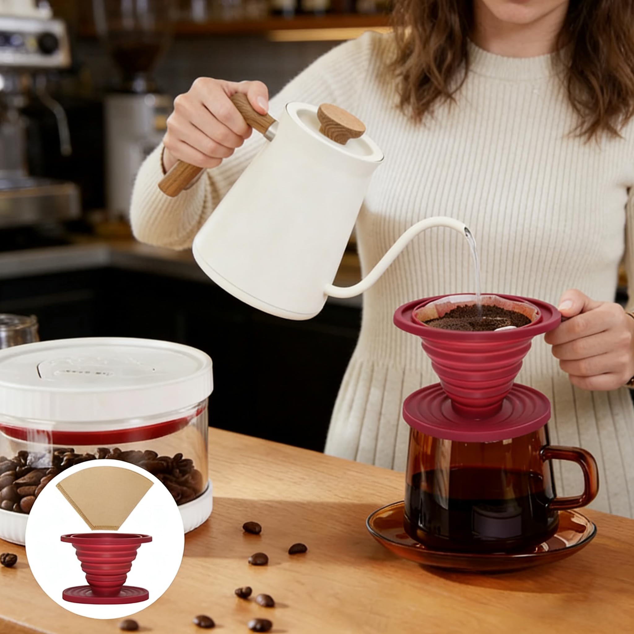 Collapsible Faltbarer Silikon Kaffee Tropfer mit 50 Papierfiltern Wiederverwendbarer Kaffeefilter für Zuhause Camping Reise Büro Groß Kegel V02 2-4 Tassen Rot