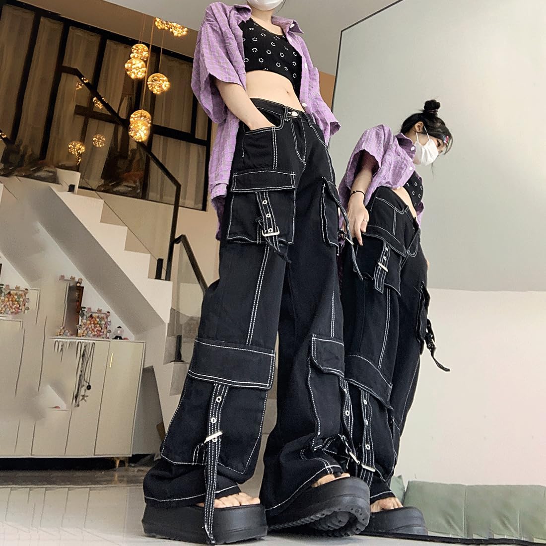 Y2K Gothic Grunge Casual High Waisted Loose Straight Wide Leg Multi Pockets Vintage Black Denim Cargo Pants - Image 2