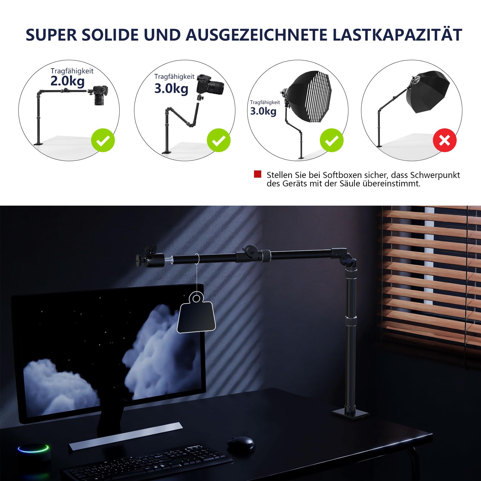 Ganz aus Metall]RAUBAY Desktop Magic Arm, Overhead-Kamera-Tischhalterung, Tischleuchtenstativ mit 1/4-Zoll-Kugelkopf, 3/8-Zoll & 5/8-Zoll-Adapter, C-Klemme für DSLR, Webcam, Mikrofon, Projektor DMA01
