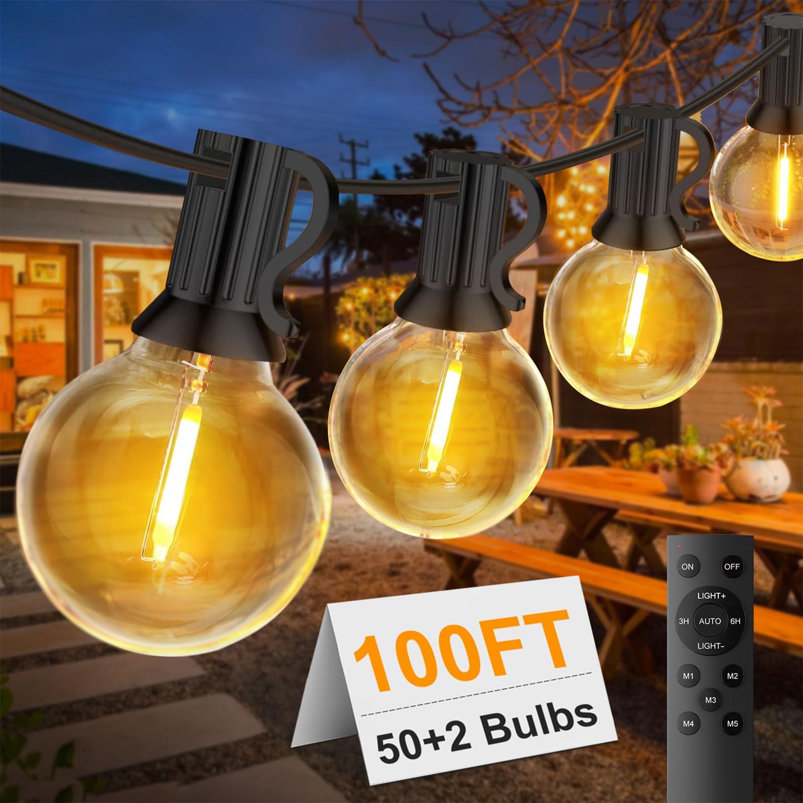 FUKOOLE 30M/100Ft Outdoor String Lights Mains Powered, 50+2 LED Garden