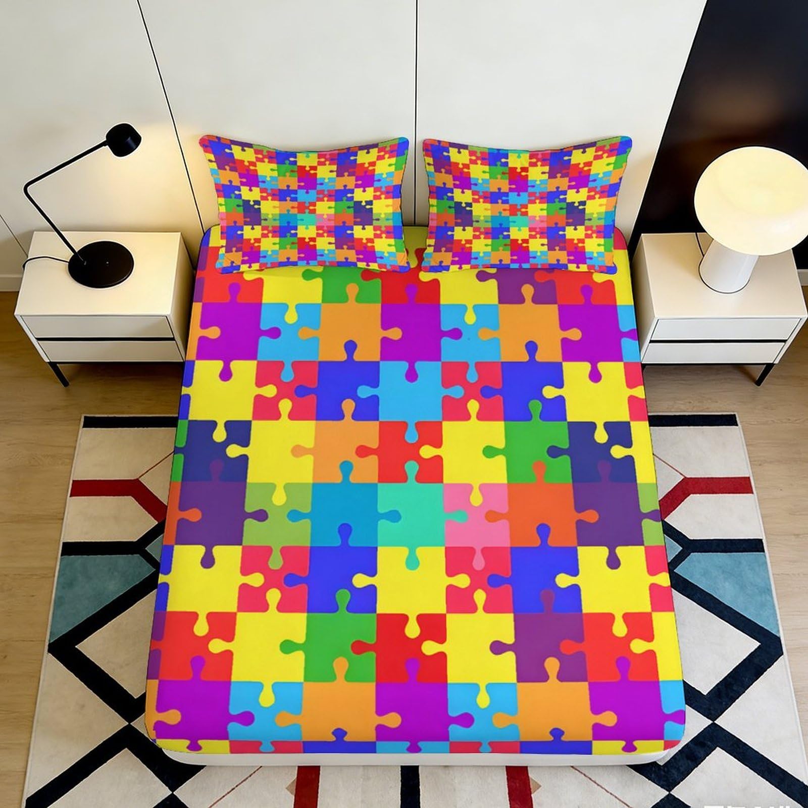 3D Printed Colorful Puzzle Pattern Fitted Sheet Microfiber Soft Breathable Vibrant Puzzle Design Mattress Cover for Bedroom Dorm Dormitory Guest Room 160x200x25cm