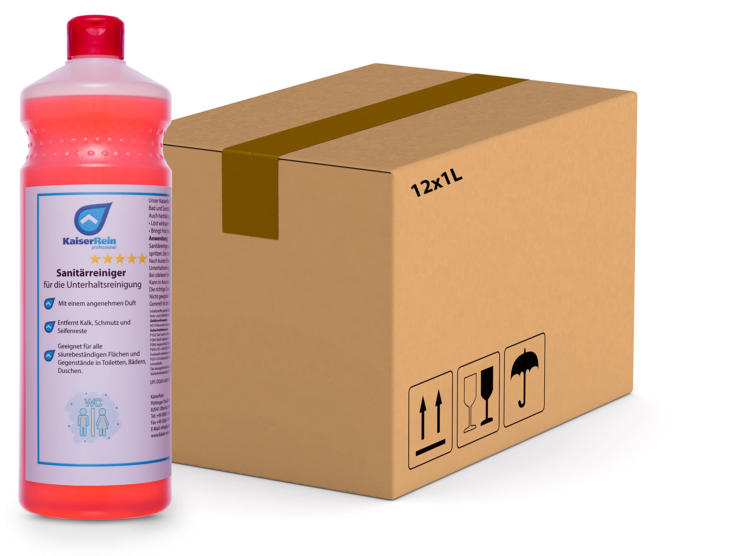 KaiserRein Sanitärreiniger 12 x 1 L rot Konzentrat für Fliesen, Boden, Einrichtungen er löst schnell Wasserstein, Kalkseifenrückstände, Urinstein sowie Kalk und Schmutz