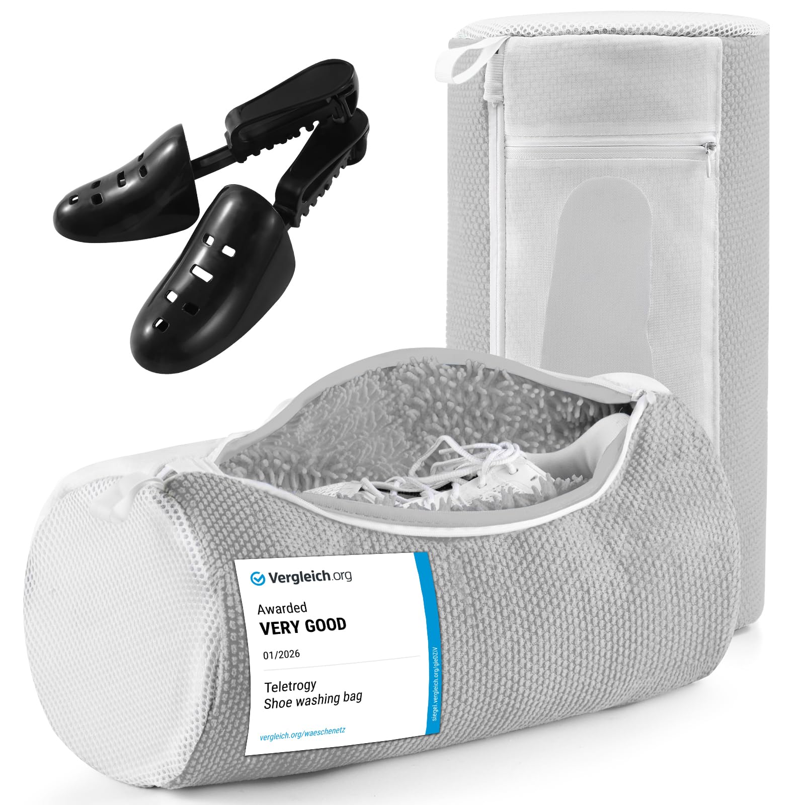 Teletrogy Shoe Washing Machine Bag 2 Pack, 360° Wrap-Around Cleaning Trainers Laundry Bags With Mesh Pockets 3 In 1 Clean, Reusable Sneaker Washing Bag With Shoe Trees, Hidden Zipper, Grey