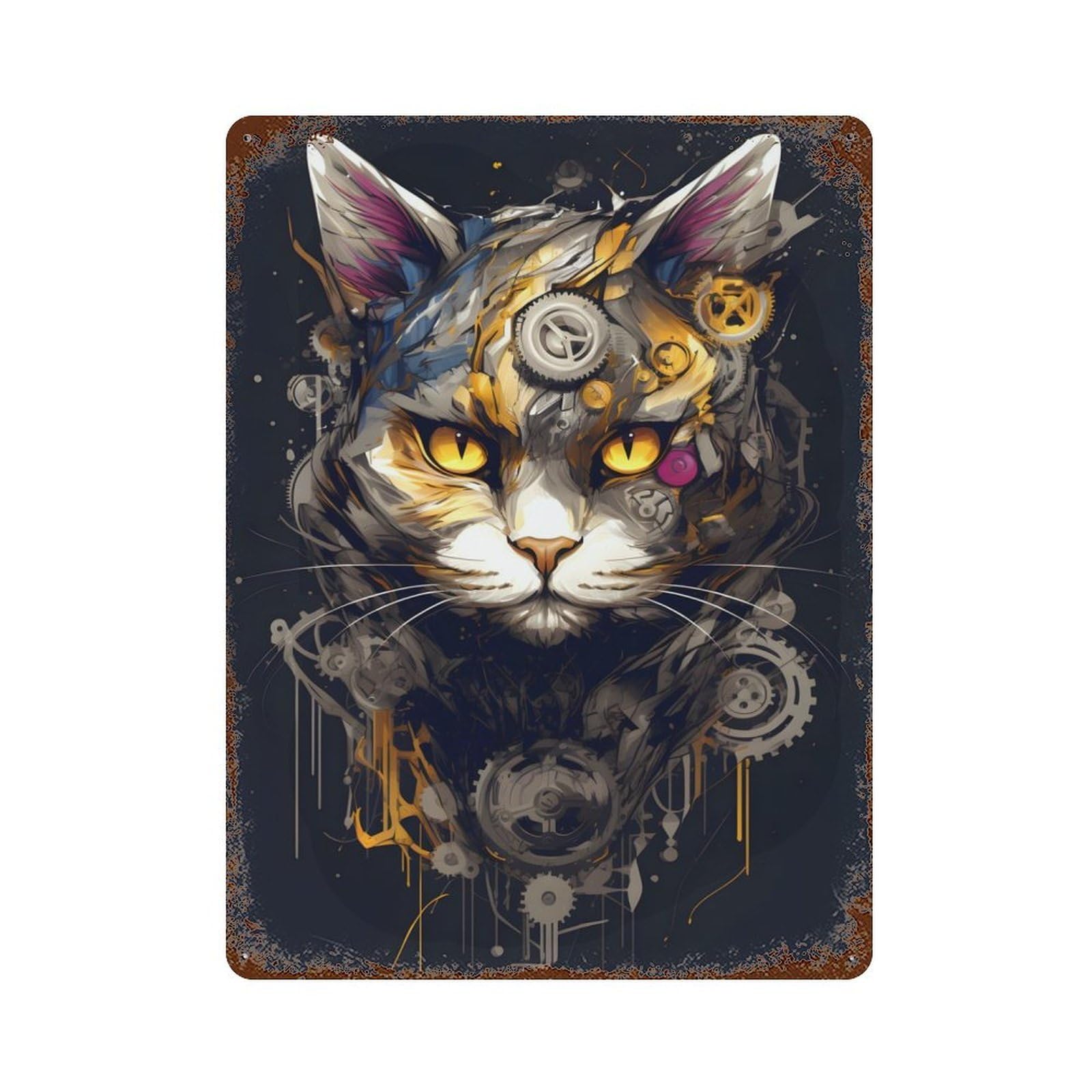 Rust Effect Robot Cat Vintage Rust Metal Sign 15.7"x11.8", Classic Wall Plaque for Shed, Workshop And Garage Wall Decor