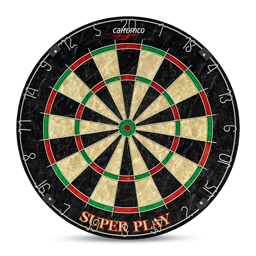 Carromco Cible Superplay en sisal Taille Tournoi avec 3 fléchettes en Acier et 3 fléchettes Souples, Anneau numéroté métallique Robuste