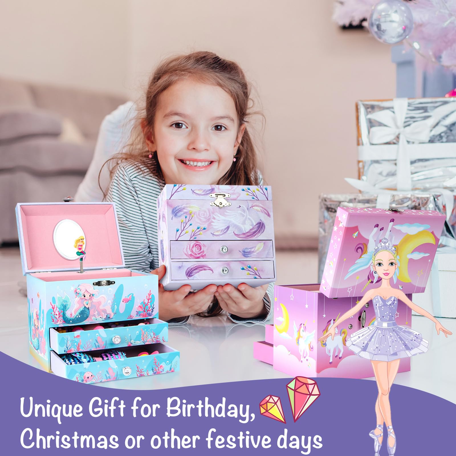 Ballerina Schmuckkästchen für Mädchen, Kinder Spieluhr mit drehender Ballerina, 2 Schubladen und Einhorn Schmuckset, Musikkästchen Geschenk für Kinder Mädchen