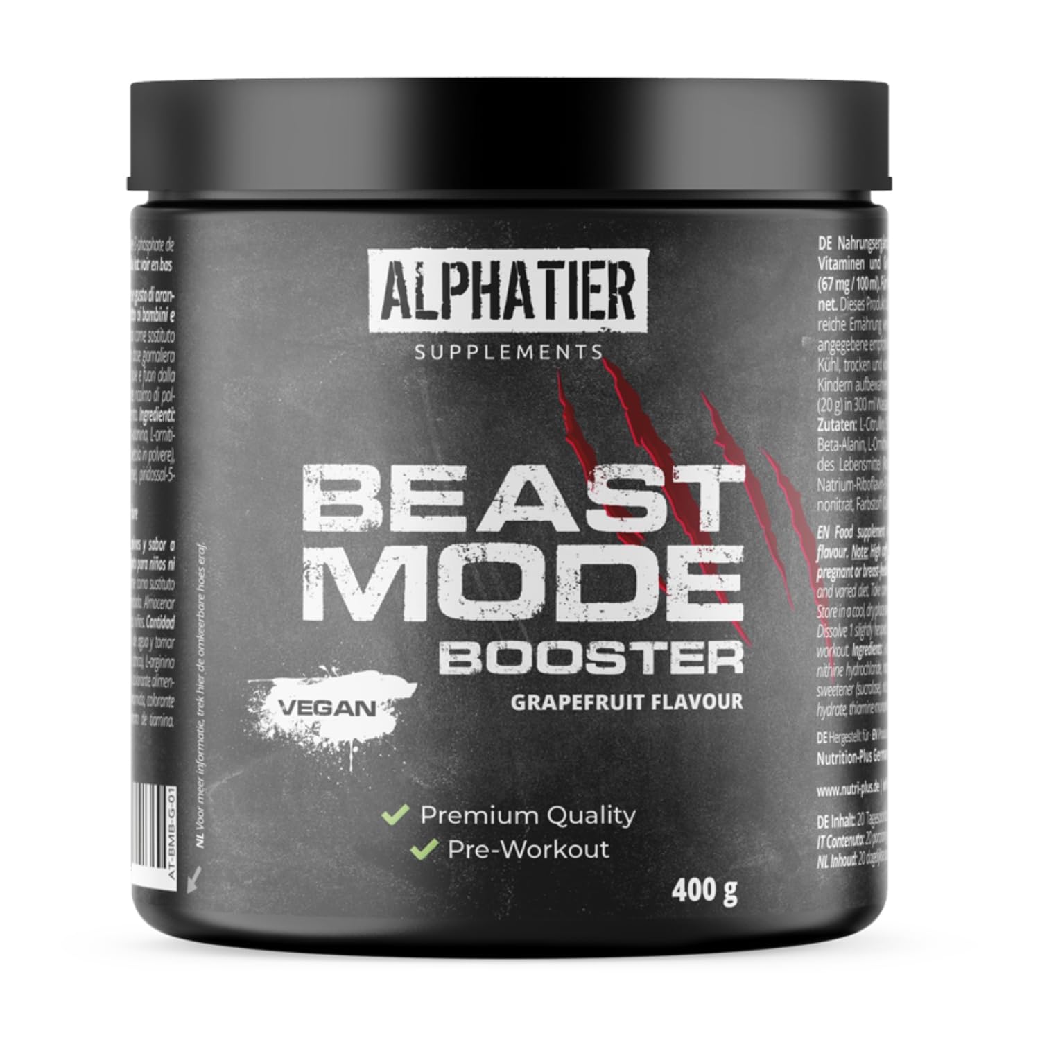 Alphatier Beastmode Pre-Workout Booster Grapefruit - hochdosiert, klumpenfrei + vegan - Koffein Citrullin L-Arginin ß-Alanin Betain HCL Ornithin 400 g