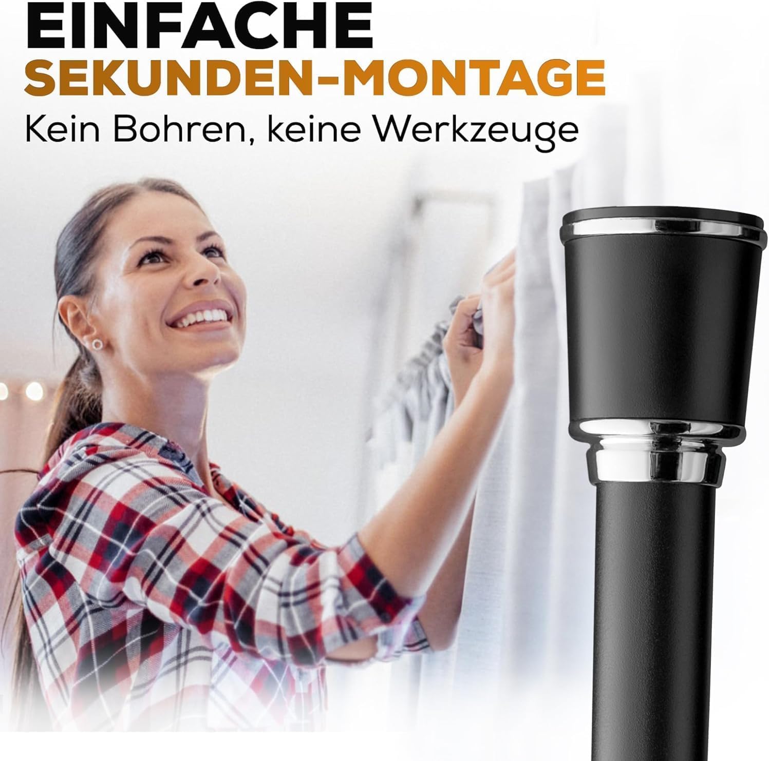 MEISENBERG Klemmstange für Gardinen 370-420cm, Schwarz, Ø 32 mm, Vorhangstange ohne Bohren - Gardinenstange zum Klemmen - Spannstange für Vorhänge, Dusche, Türöffnungen und Kleiderschrank