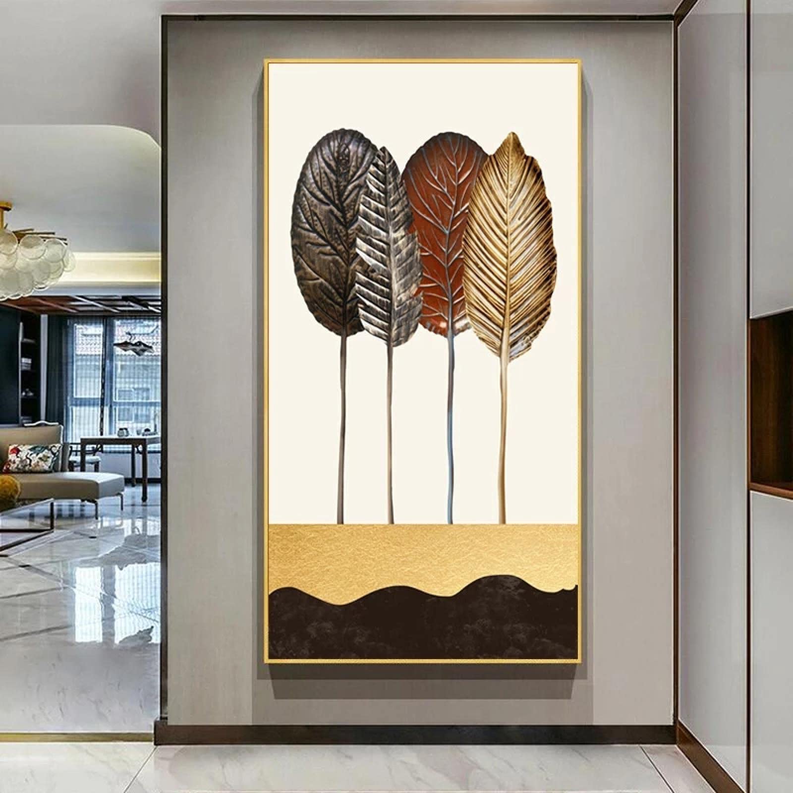 Impresiones en lienzo Carteles de hojas doradas Imágenes artísticas de pared para sala de estar Decoraciones de interior Hogar moderno Pintura de pared nórdica Marco interior de 80x160 cm