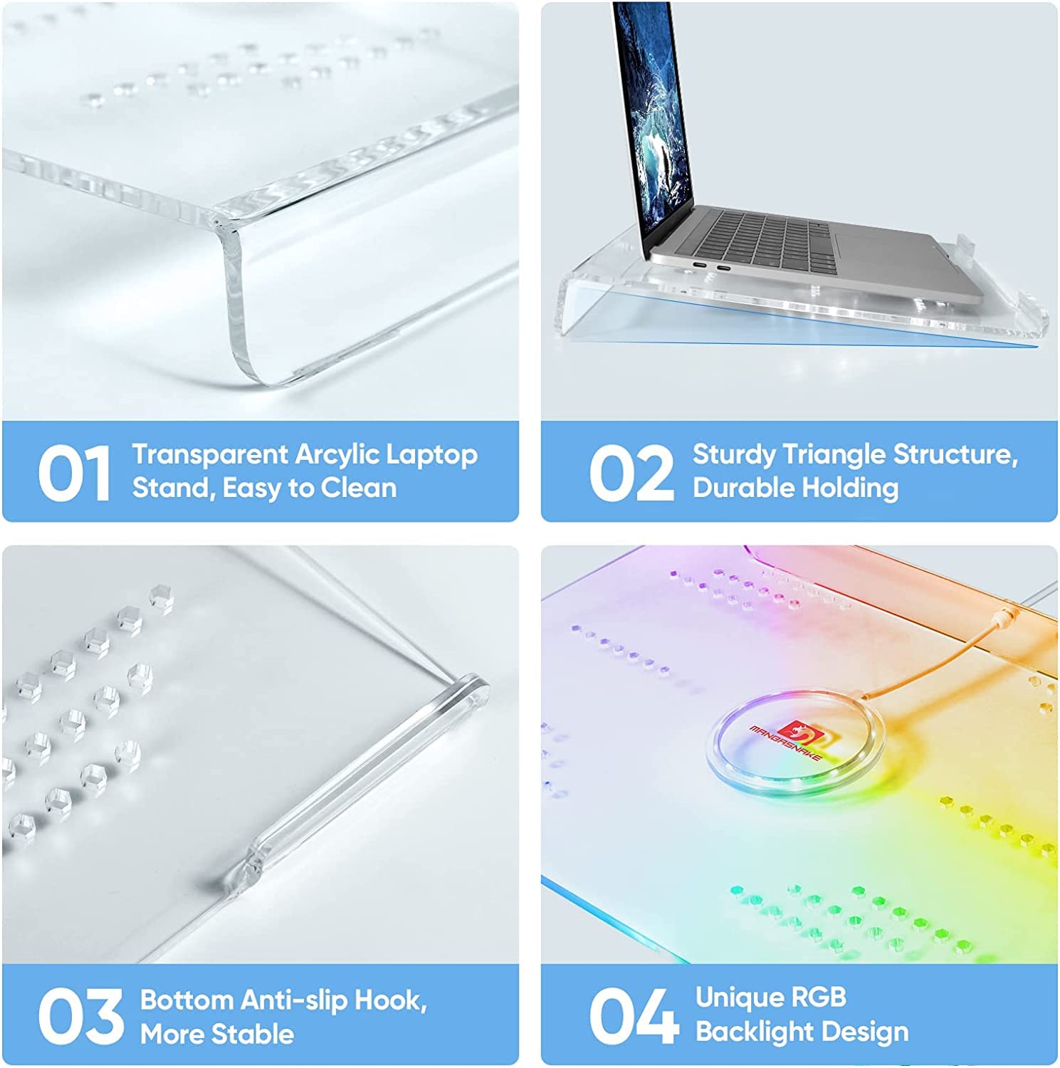 MAMBASNAKE Supporto per Laptop, Ergonomico Riser per Computer, Supporta per Notebook in Acrilico, Ventilato Supporto per PC, 366 RGB Retroilluminato, Compatibile con iPad MacBook Air HP, 10- 17,3"