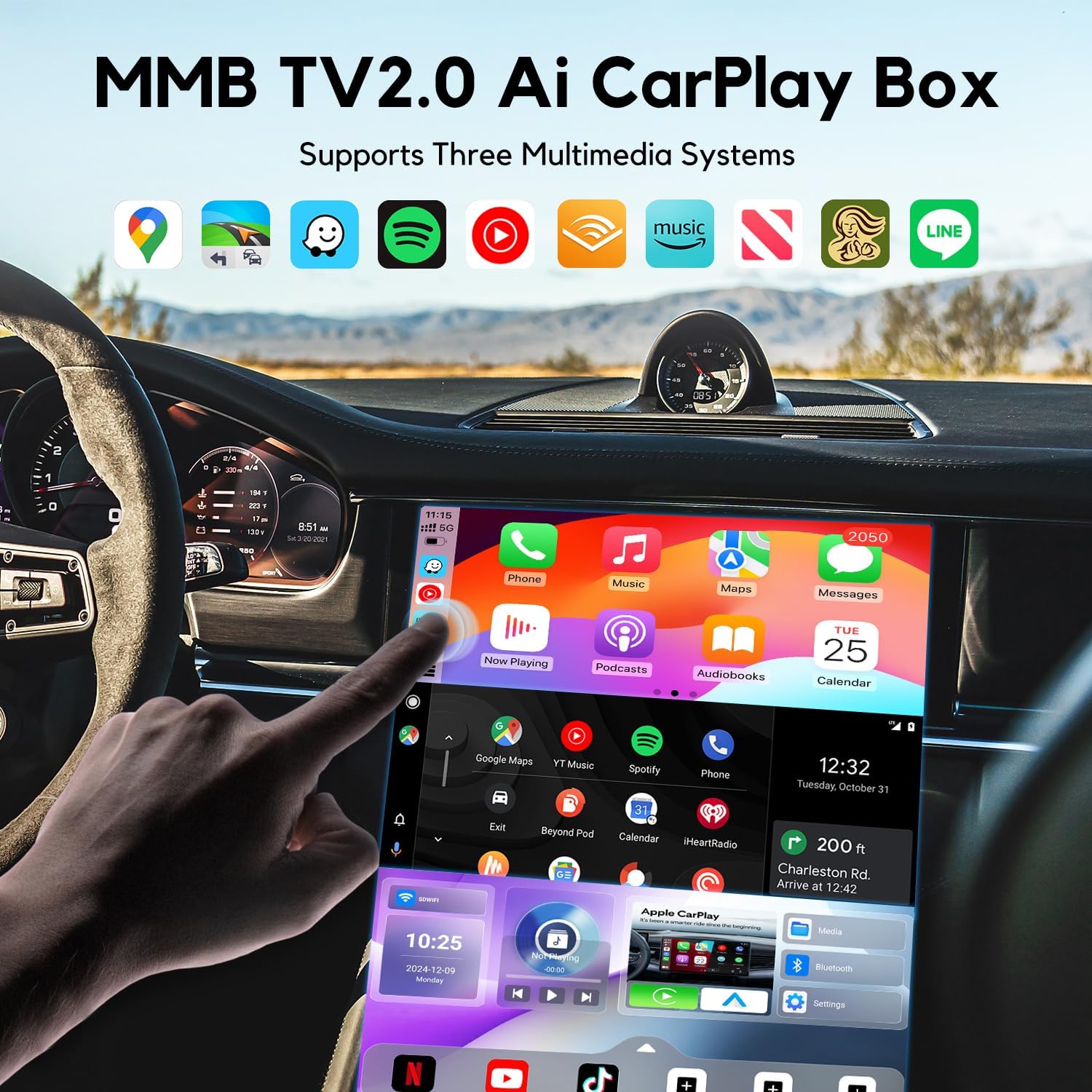 Car dashboard screen displaying the MMB TV2.0 Ai CarPlay Box interface with various app icons