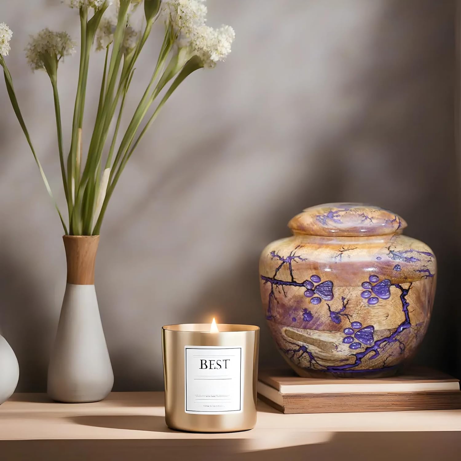 Woodland CraftworkSmall Mango Wood Pet Urn for Dog or Cat Ashes, 10 Cubic Inch Decorative Memorial Box with Purple Resin Accent, Animal Remembrance Keepsake