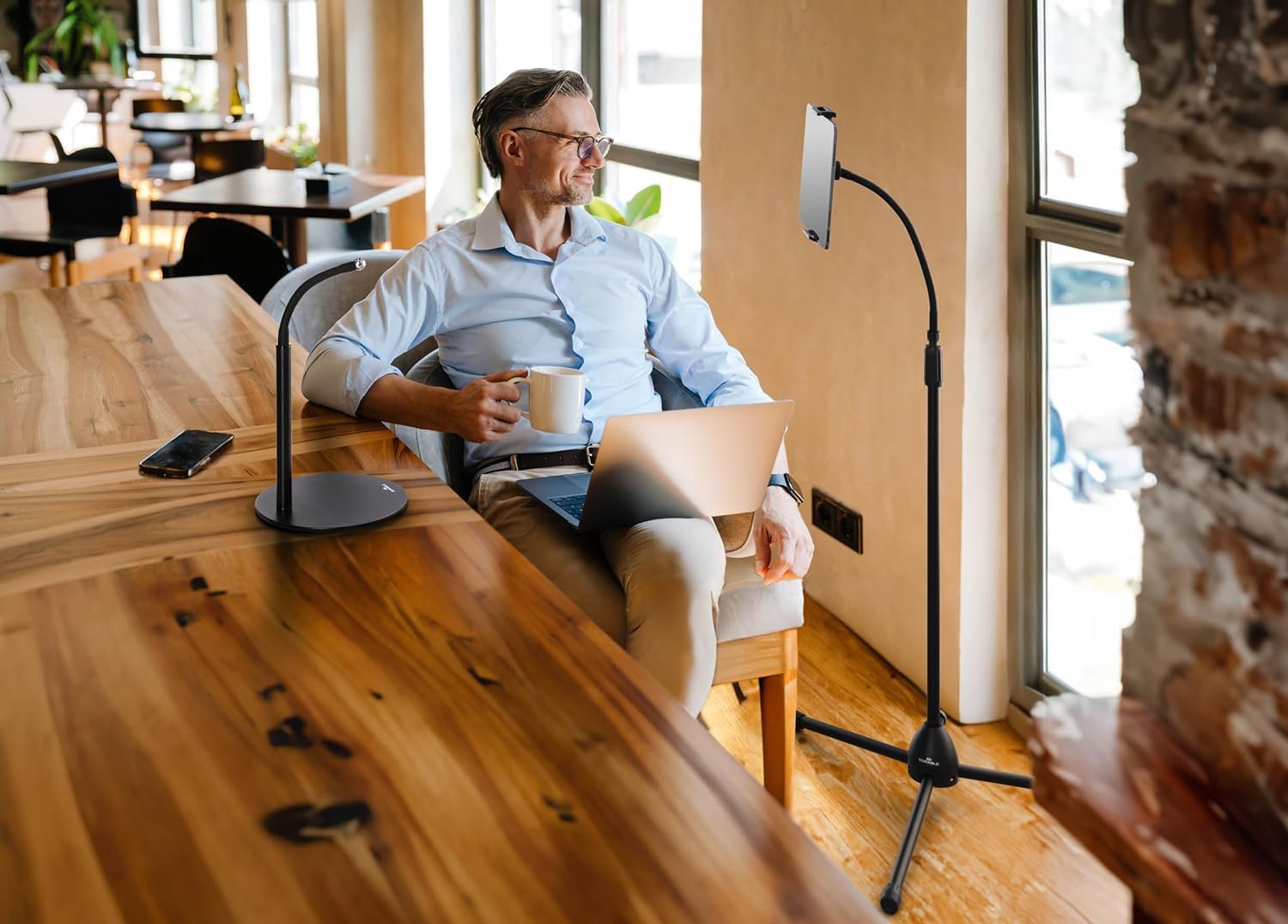 DURABLE® Twist Tablet & Smartphone Table/Floor Stand Combo, Gooseneck 360° Swivel Mount, Adjustable Height, Compatible iPhone, Android, iPad Pro Air Mini, Fire, Kindle, Galaxy, Black (894301)