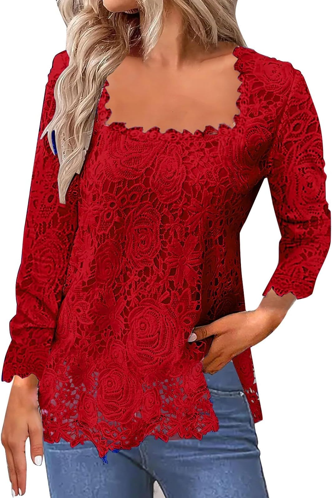 Women's Square Neck Lace Crochet Boho Tops Long Sleeves Flowy Casual Loose Blouses 2024 Trendy Summer Shirts