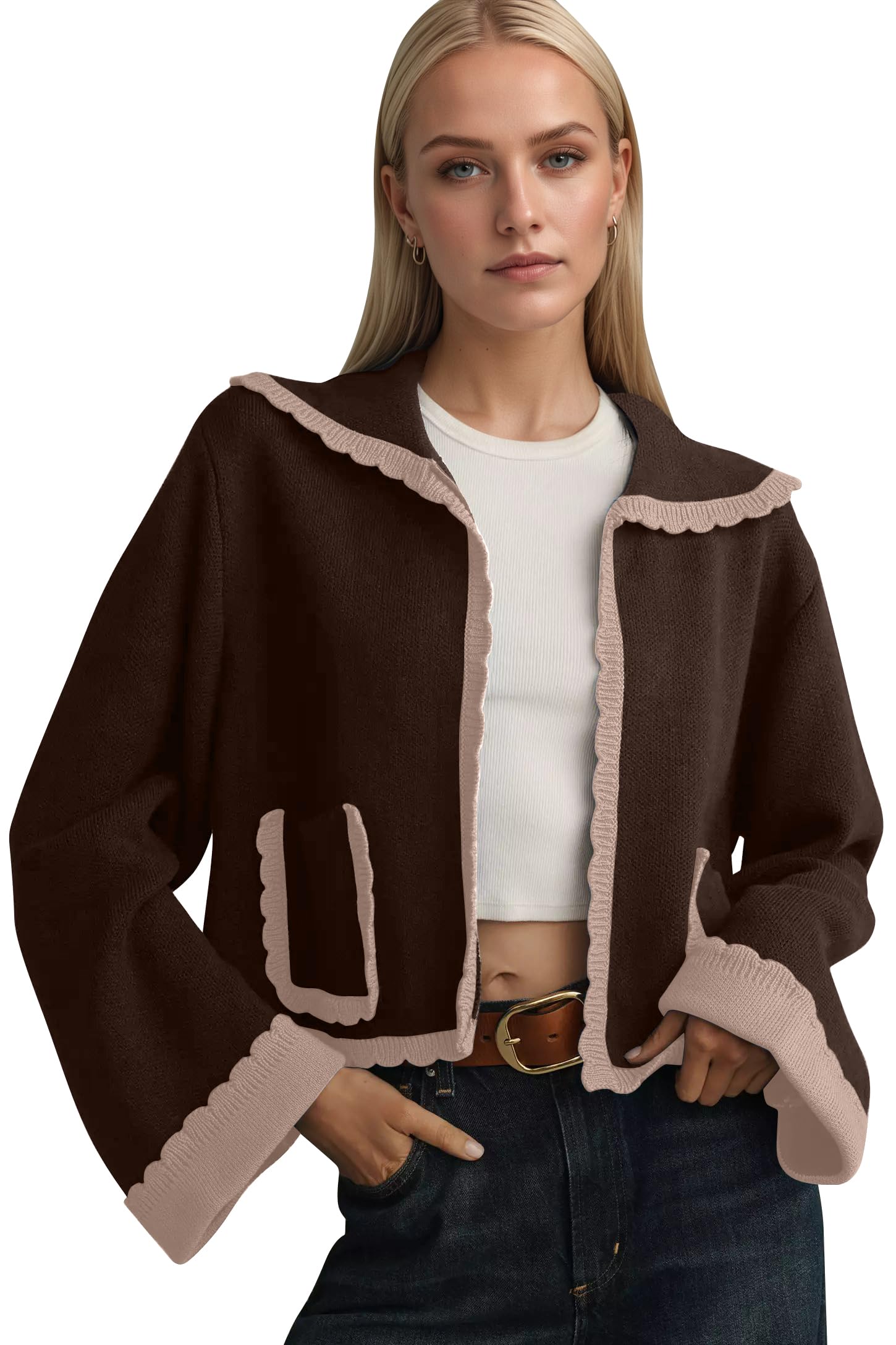 Ythomm Womens Scallop Lapel Collar Knit Cardigan Sweaters Color Block Long Bell Sleeve Open Front Fall Sweaters with