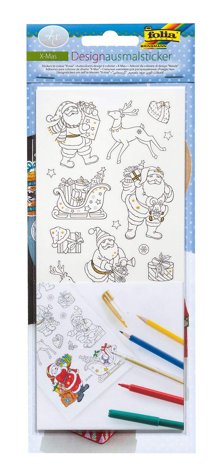 folia 1492 Design Colouring Stickers X-Mas Paper Stickers for Colouring in with Glitter Appliqué 4 Sheets Assorted Designs Approx. 10 x 23 cm