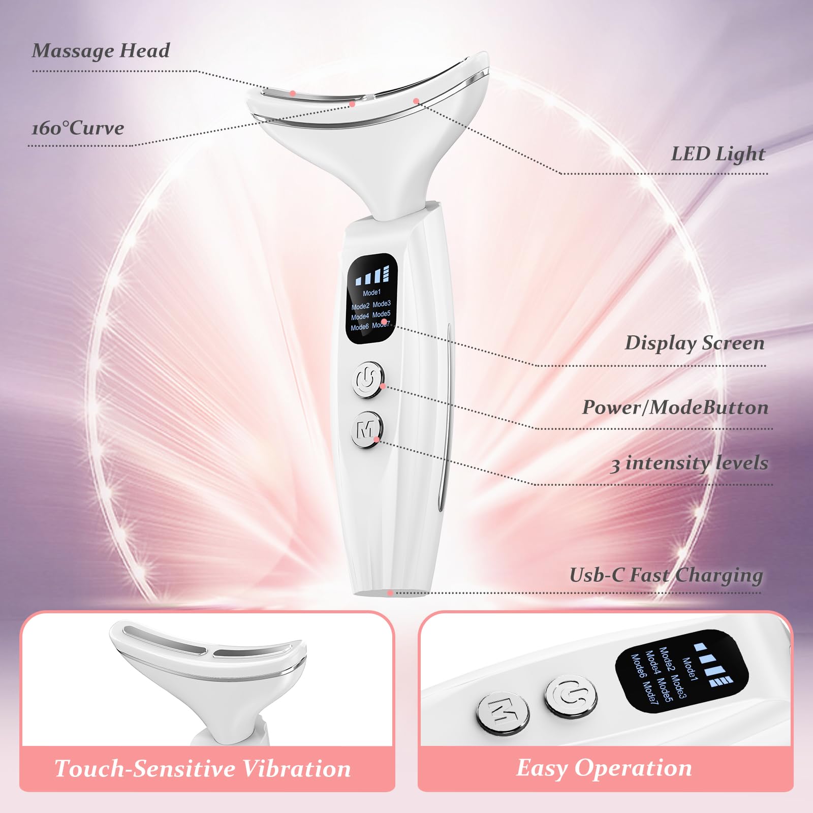 Gesichtsmassagegerät Gegen Falten EMS Gerät Hals Massager, Face Beauty Device mit Lifting Effekt & Anti Aging, 3 Modi, 7 Farben LED Licht wiederaufladbar