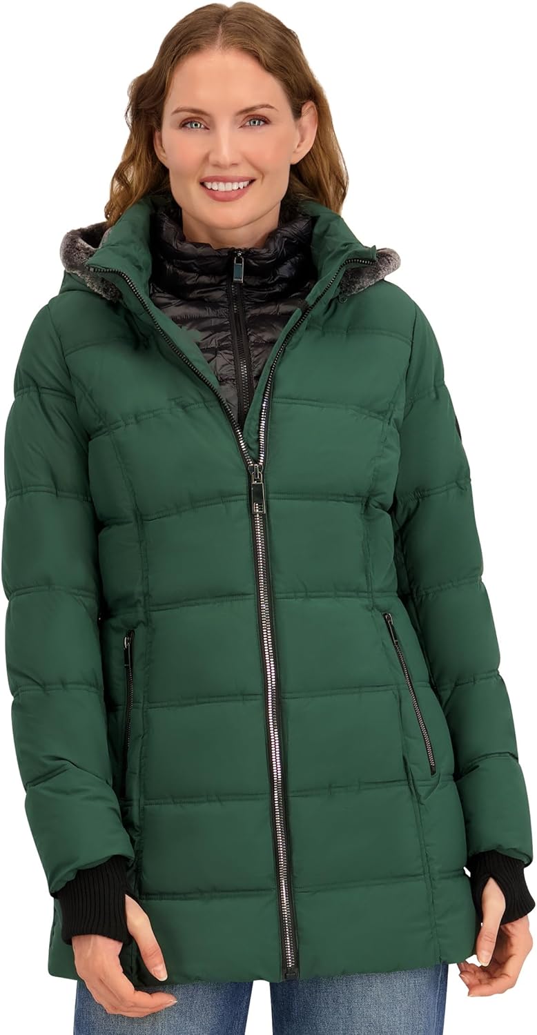 Nautica Women's Puffer with Vestie and Faux Fur Trim