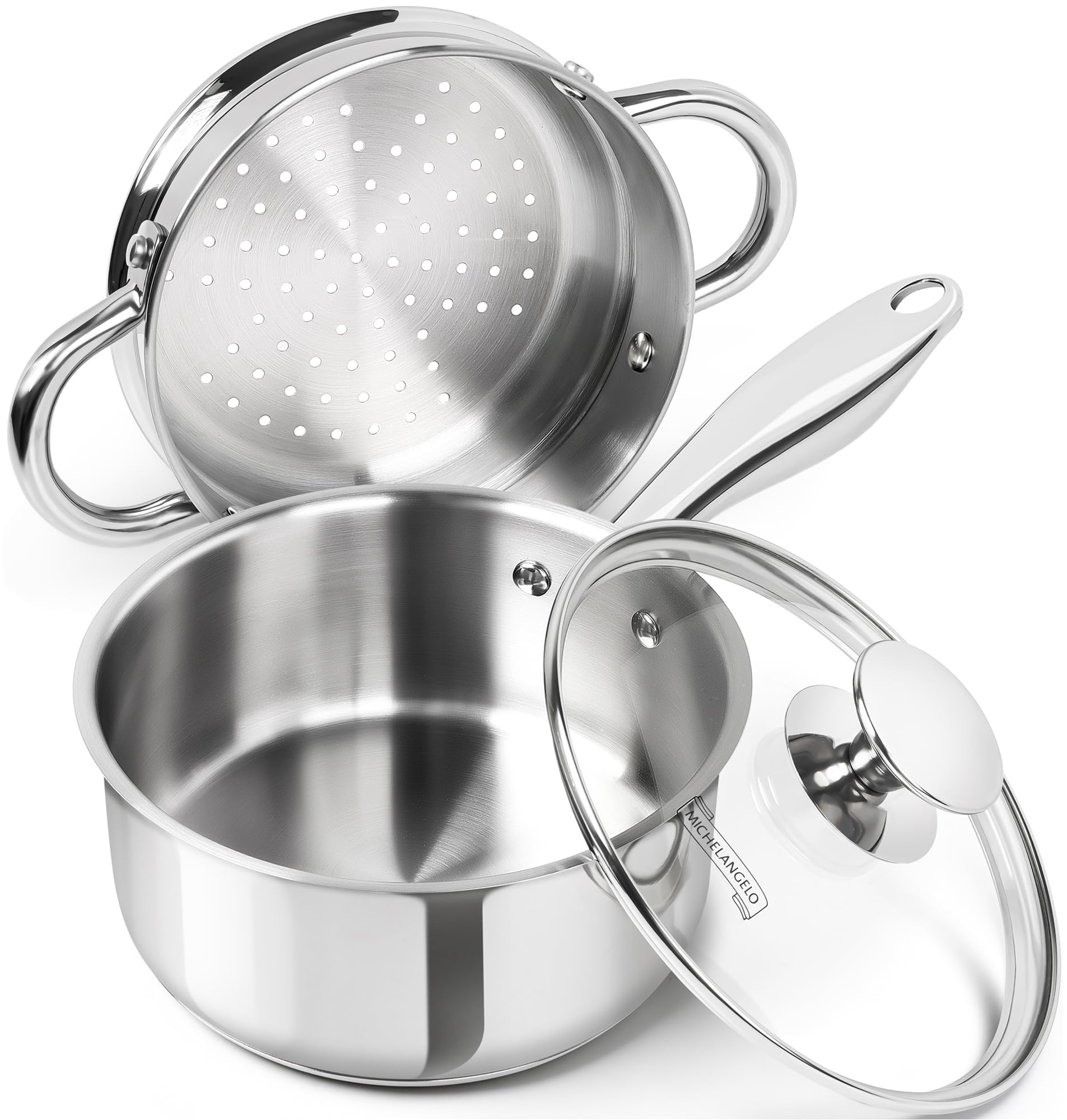 MICHELANGELO Casseruola da 1,5 litri con vapore, casseruola in acciaio inox con coperchio, compatibile con induzione a triplo fondo, pentola multiuso per salse, lavabile in lavastoviglie