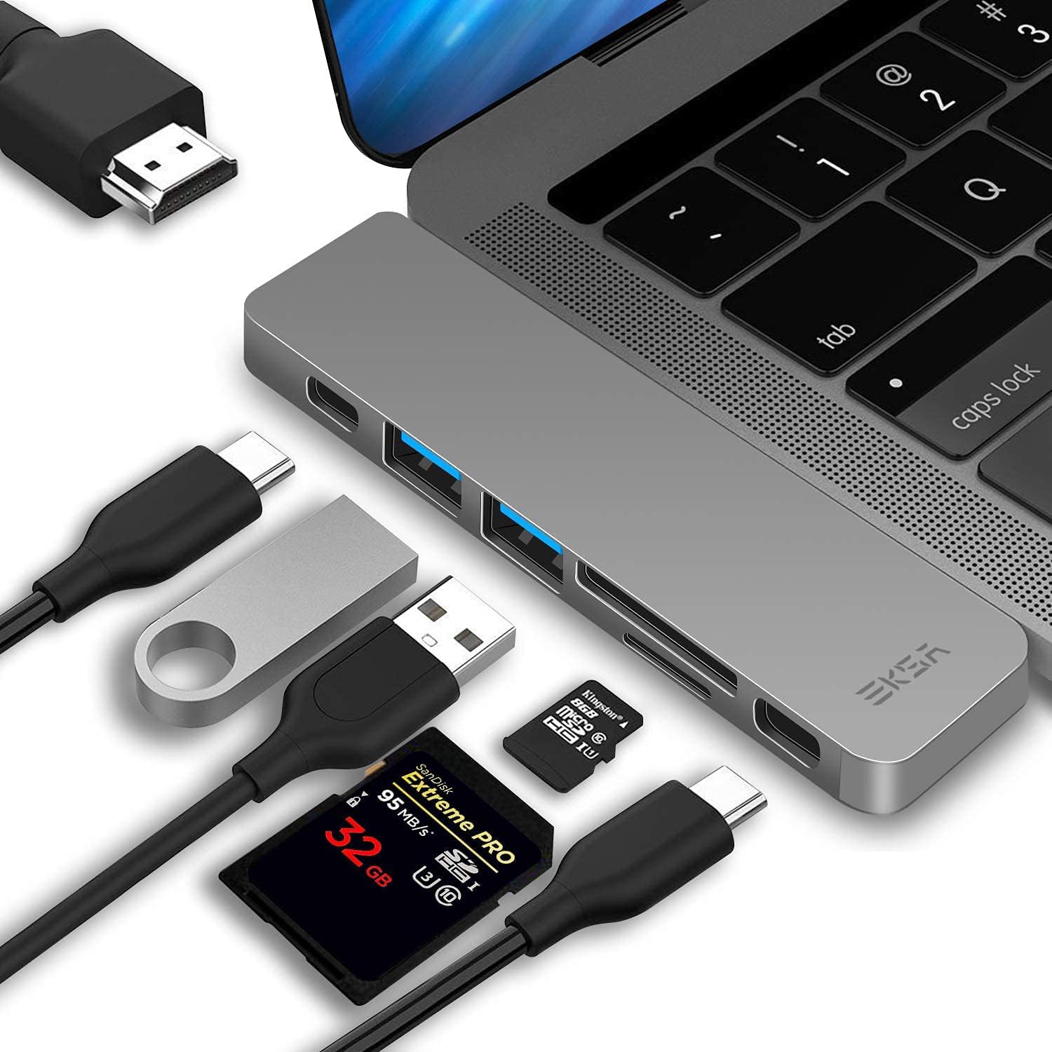 EKSA USB C Hub, 7 in 2 Type C Adapter for MacBook Pro 13" 15" 2018/2017 with 4K HDMI, 100W Power Delivery, Thunderbolt 3 Port, 2 USB 3.0, SD TF Card Reader, USB HUB T8 Grey
