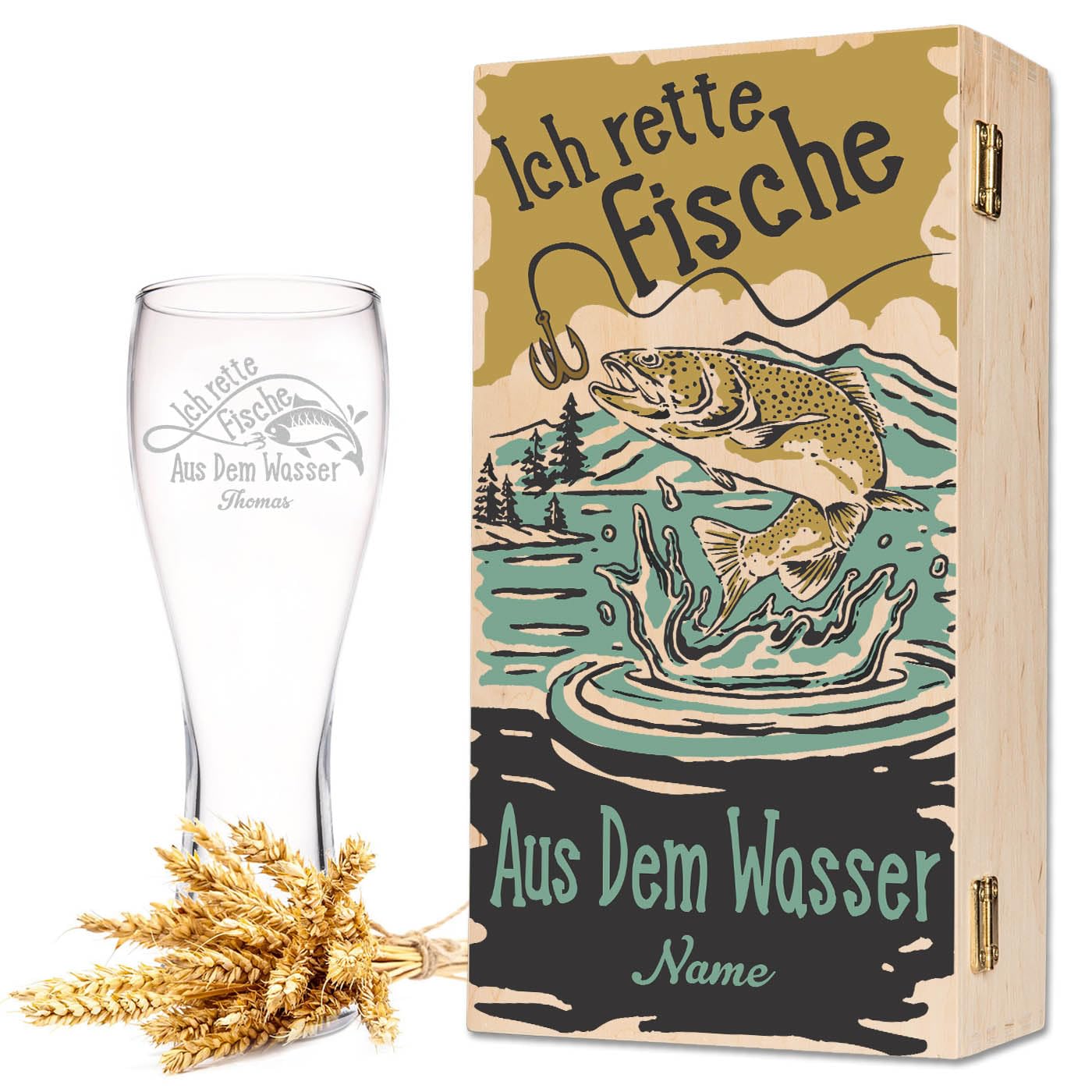 GRAVURZEILE Leonardo Weizenglas mit Gravur - Ich rette Fische aus dem Wasser - Personalisiert mit Namen inkl. Holzkiste - Geschenke für Bierkenner & Angler - Geschenk für Sie & Ihn - 500 ml