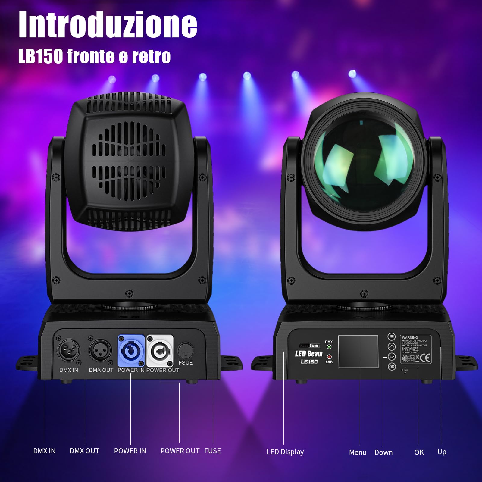 BETOPPER 150W Teste Mobile Luci Discoteca LED RGBW Beam 12 GOBO 12 Colori 1 Prisma DMX Controllo Sonoro Luci Sceniche per DJ, Festa, Bar, Matrimonio, Illuminazione da Palco, 1 Pezzo